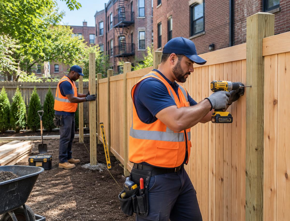 Fence crew installing wood panels